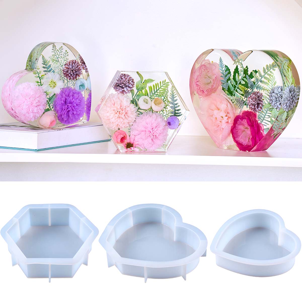 Resin Art Heart - แม่พิมพ์ซิลิโคนรูปหัวใจขนาดใหญ่ DIY รูปหกเหลี่ยม สำหรับงานเรซิ่นอีพ็อกซี่ ใช้สำหรับทำที่คั่นหนังสือ ของตกแต่ง