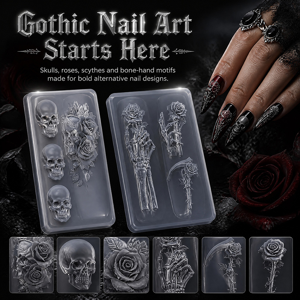 Resin Art Template - ชุดแม่พิมพ์ซิลิโคนลายหัวกะโหลกกุหลาบสีเข้ม 2 ชิ้น สำหรับตกแต่งเล็บ ลายแกะสลัก 3D