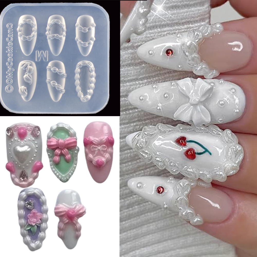 Resin Art Template - แม่พิมพ์ซิลิโคนสำหรับทำเล็บลายครีมฝรั่งเศส 3 มิติ 1 ชิ้น ลายโซ่ครีมแบบนูน