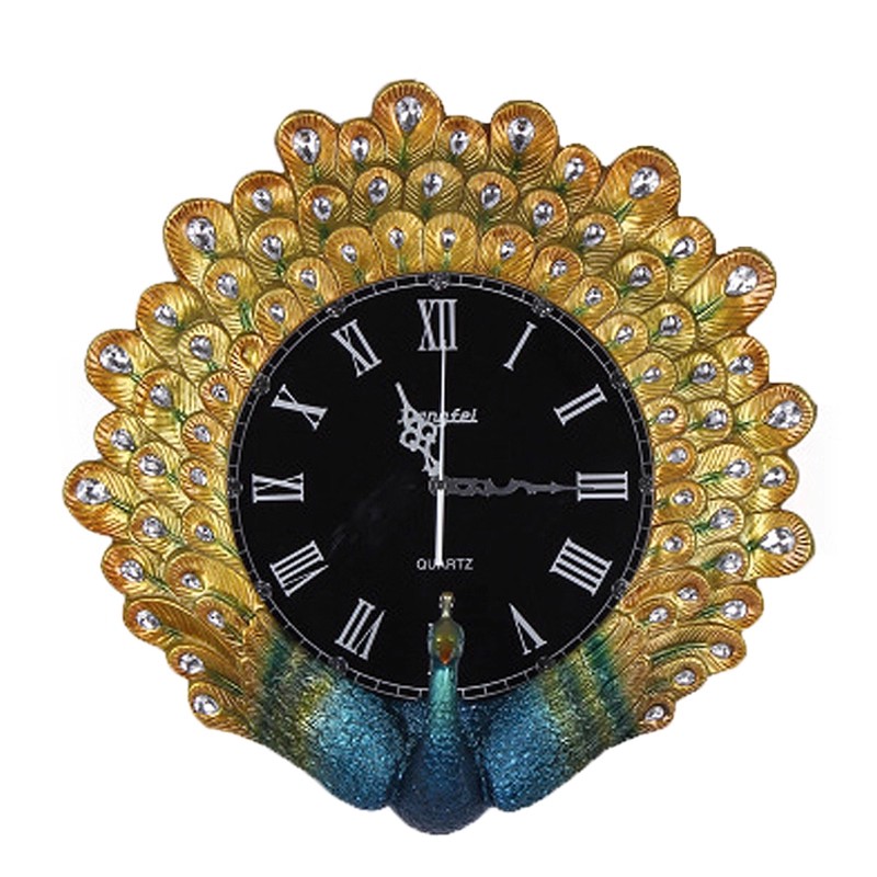 Resin Art Wall Clock - นาฬิกาแขวนผนังตกแต่งสไตล์วินเทจระดับไฮเอนด์ สไตล์อเมริกัน ศิลปะสมัยใหม่ สำหรับห้องนั่งเล่น ทำจากเรซิ่นรูปนกยูง