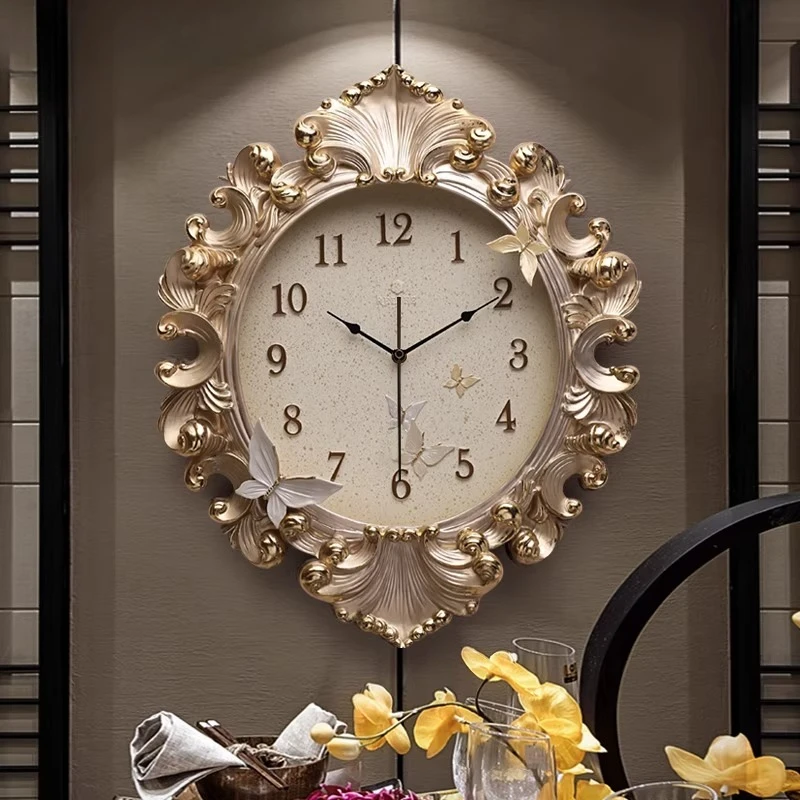 Resin Art Wall Clock - นาฬิกาแขวนผนังสไตล์ยุโรป นาฬิกาคลาสสิกสีทอง นาฬิกาสำหรับร้านอาหาร นาฬิกาโมเดิร์นเรโทรแบบเงียบ เหมาะสำหรับตกแต่งบ้าน